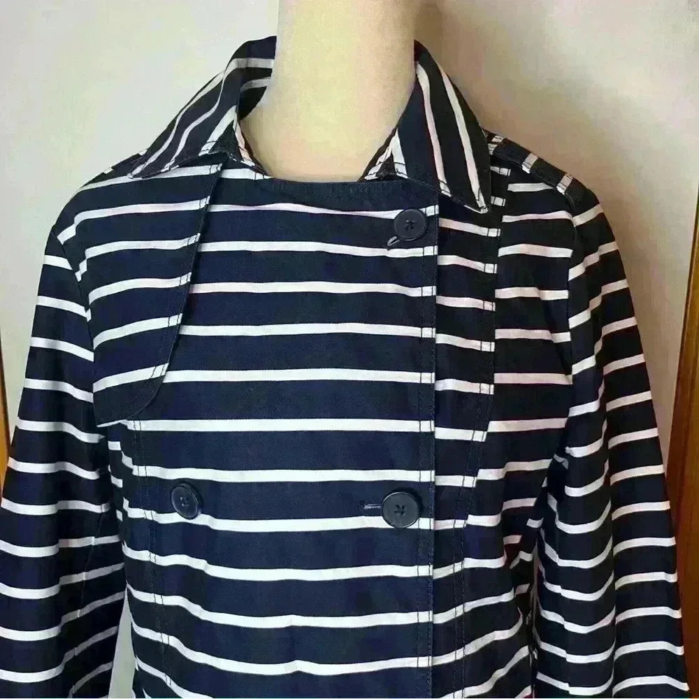 Gap Long Jacket Button Up Coat Women Medium Blue White Stripe Cotton Preppy - Picture 2 of 11